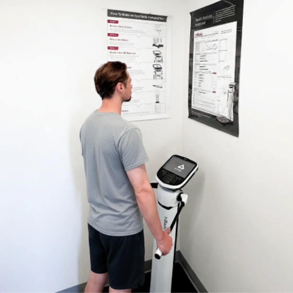 Patient standing for an InBody body composition assessment at AARx